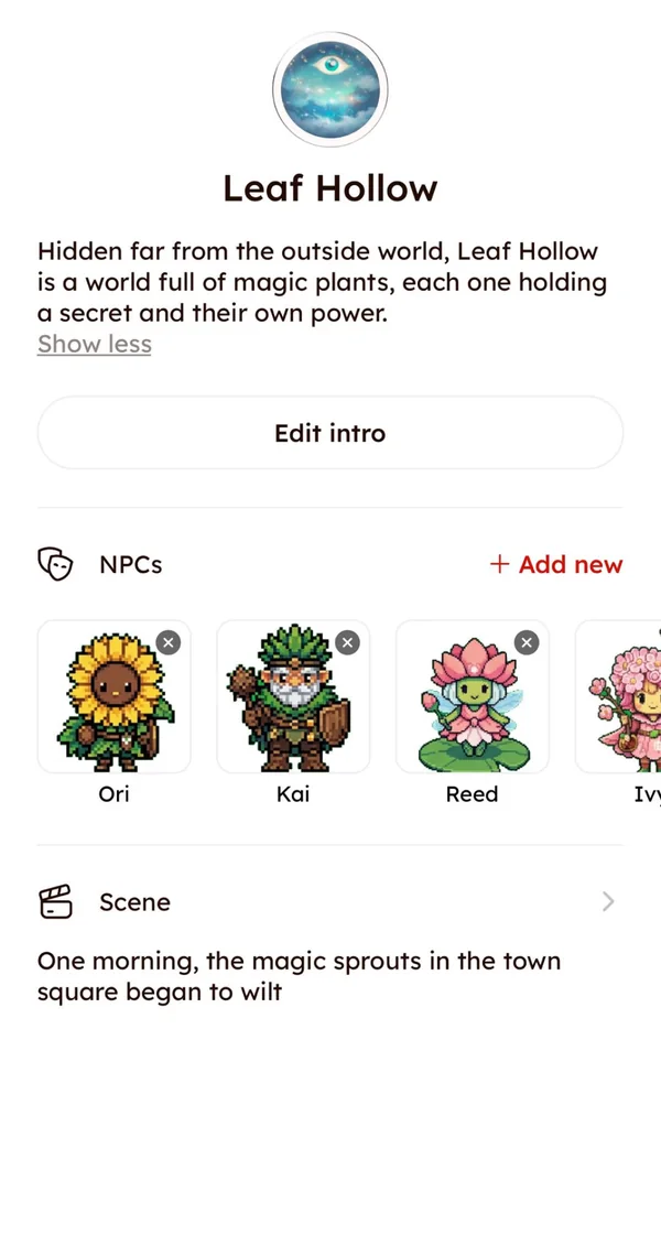 Leaf Hollow world info card listing its NPC cast and opening scene