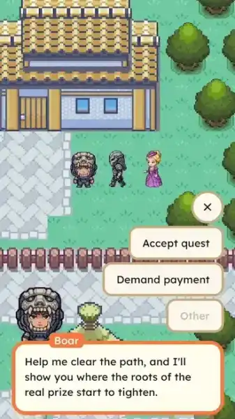 screenshot of Redbean free mobile sandbox with pixel characters talking  with npcs