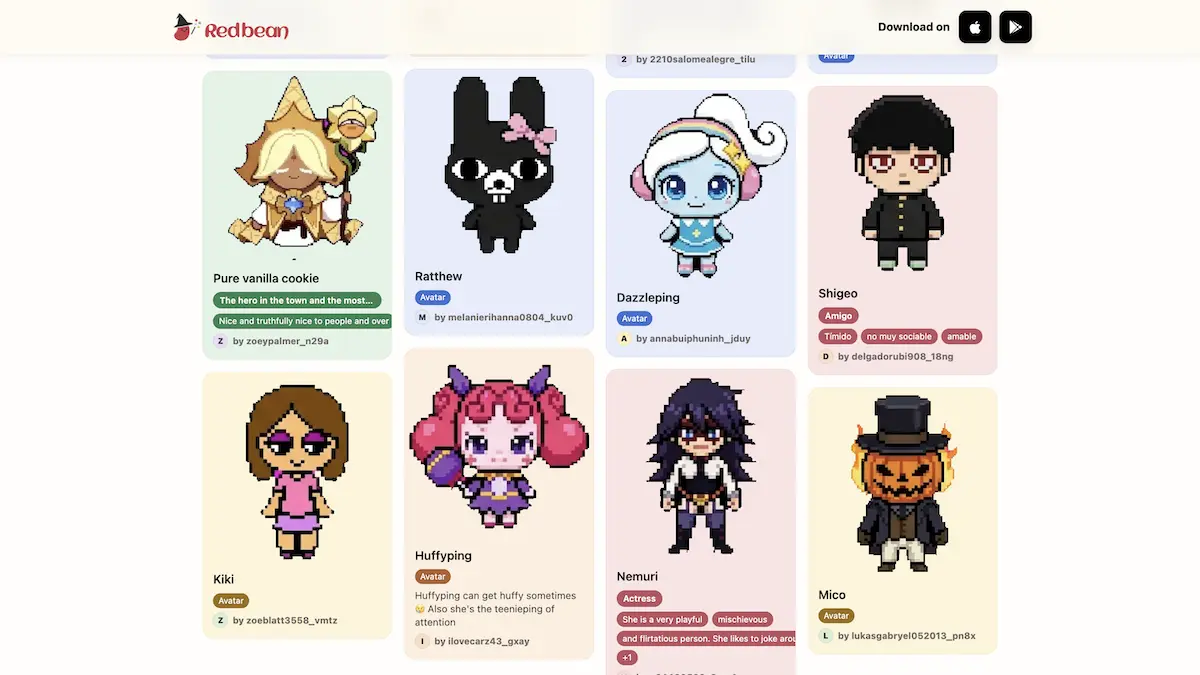 redbean character gallery featuring original characters and fandom characters made by community