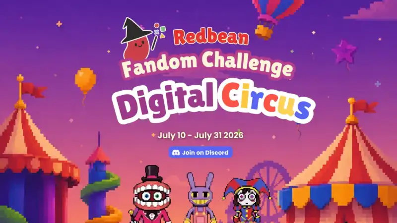 Amazing digital circus games hero image showing a tadc characters and pixel circus town in Redbean fandom challenge