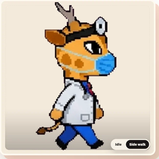Pixel character of Roblox Animal Hospital Dr. Harlow walking in his blue scrubs and white coat