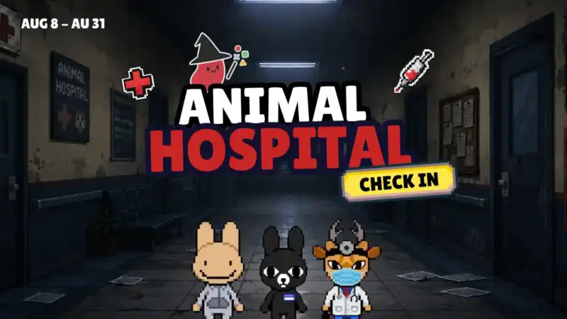 Animal Hospital art challenge checkin with Redbean town, characters like Intern, Ratthew, Dr. Harlow