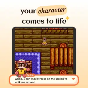 Redbean character Bake coming to life and walking inside a pixel house