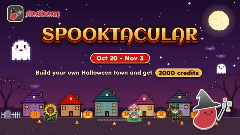 Redbean Halloween Event: "Spooktacular Town" 1 Redbean Halloween Event "Spooktacular Town" banner — pixel-art Halloween town with houses, pumpkins, ghosts and Redbean characters, Oct 20 – Nov 3, build your own Halloween town and get 2000 credits.