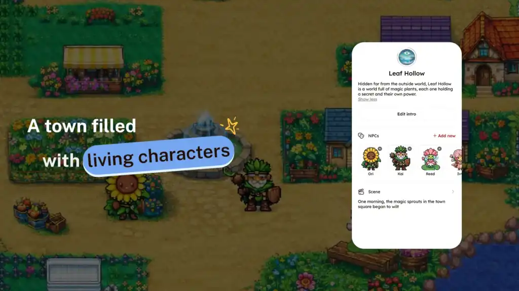 Redbean town of Leaf Hollow filled with living pixel characters and its NPC cast